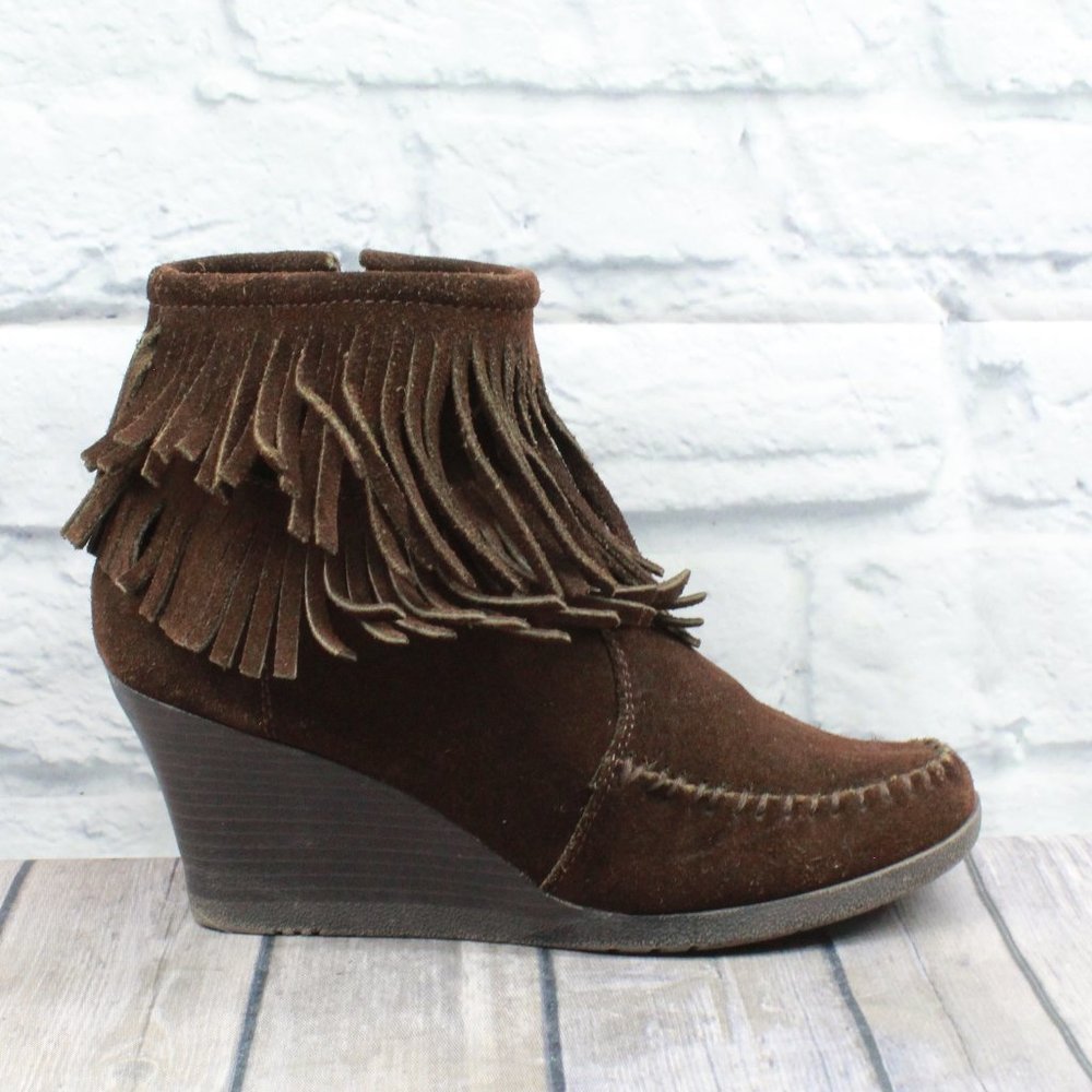 MINNETONKA Fringe Wedge Side Zip Booties Size 9.5 - Picture 2 of 10